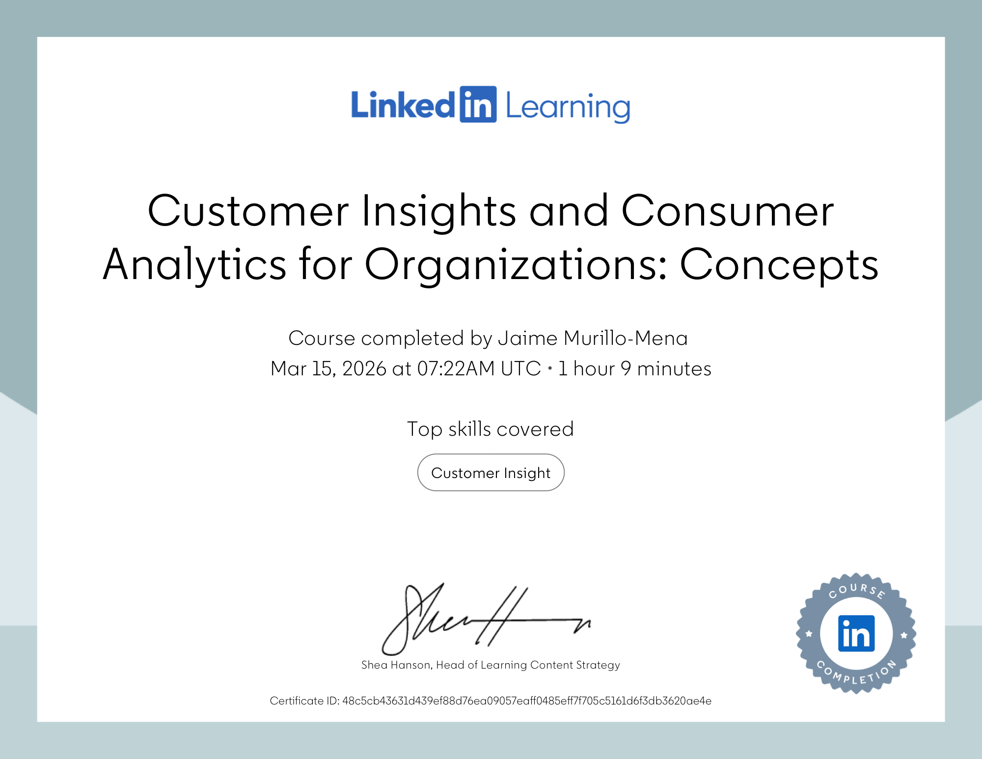 Certificate of Completion — Customer Insights and Consumer Analytics