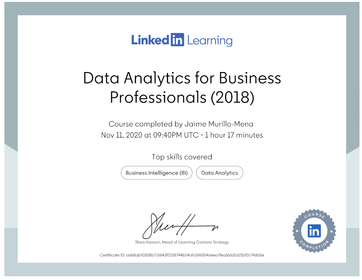 Certificate of Completion — Data Analytics for Business