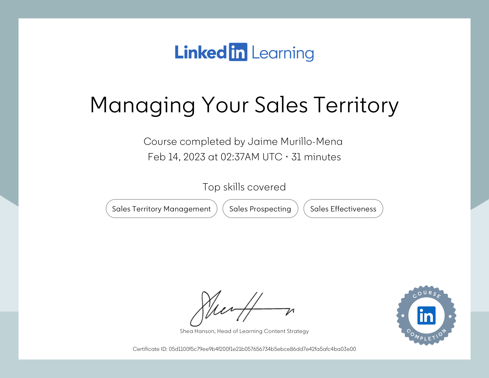 Certificate of Completion — Managing Your Sales Territory