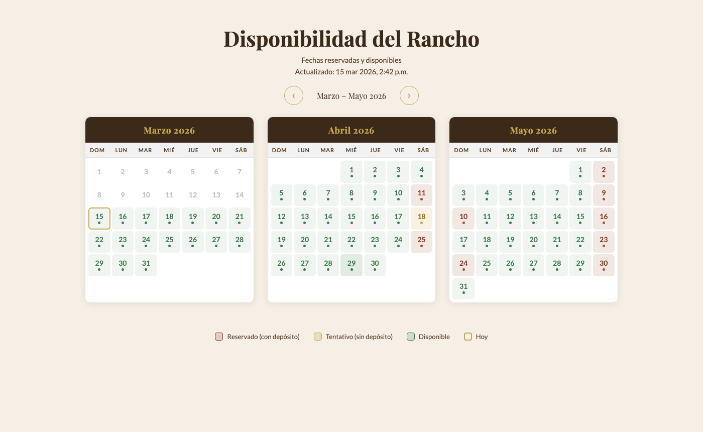 Ranch Booking Calendar — Disponibilidad del Rancho